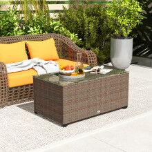 Outsunny Outdoor Coffee Table, Glass Top Rattan Side Table, Brown