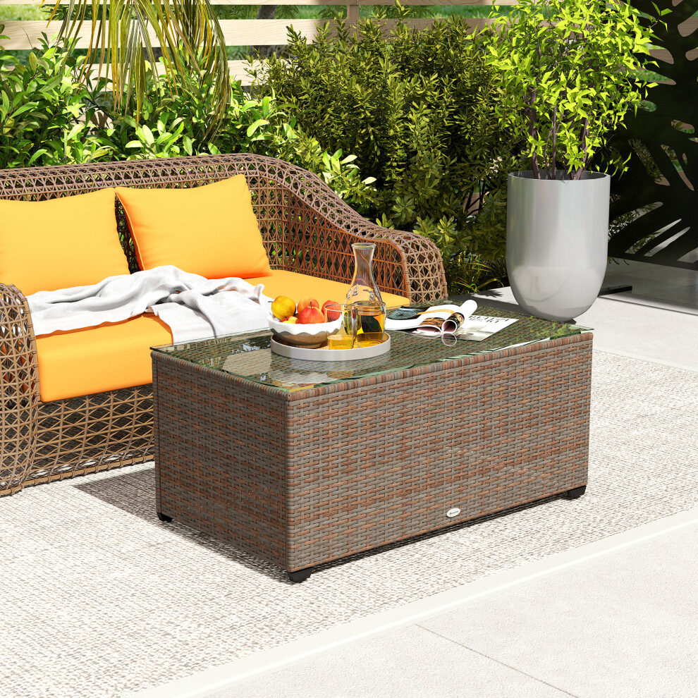 Outsunny Unisex Brown Outdoor Coffee Table, Glass Top Rattan Side Table, - Image 2