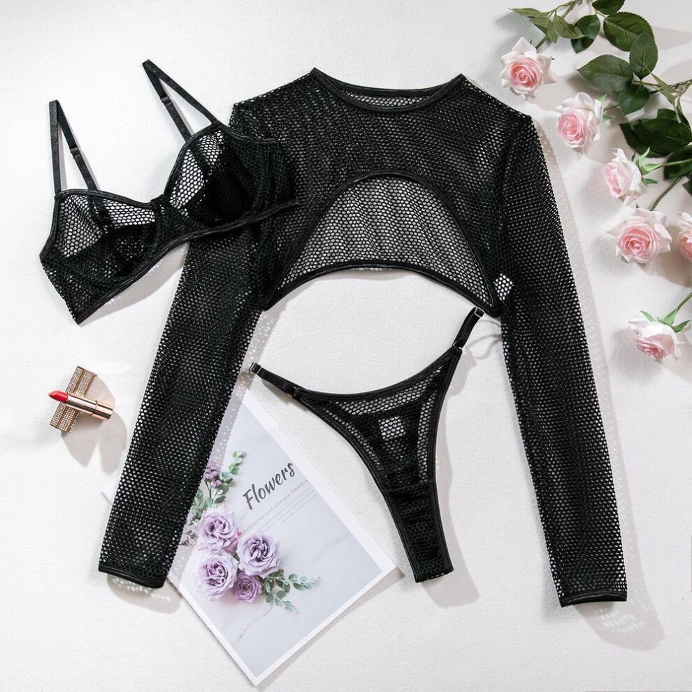 (L, black) Mesh hollow bra thong with long-sleeved ultra-short blouse, three-piece women's uniform