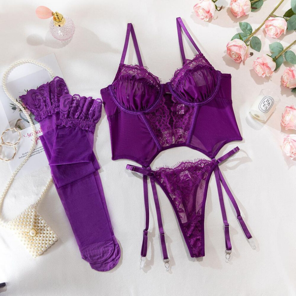 (M, purple) Fishbone sling vest, bra top, mesh lace splicing women's sex clothes with stockings underwear