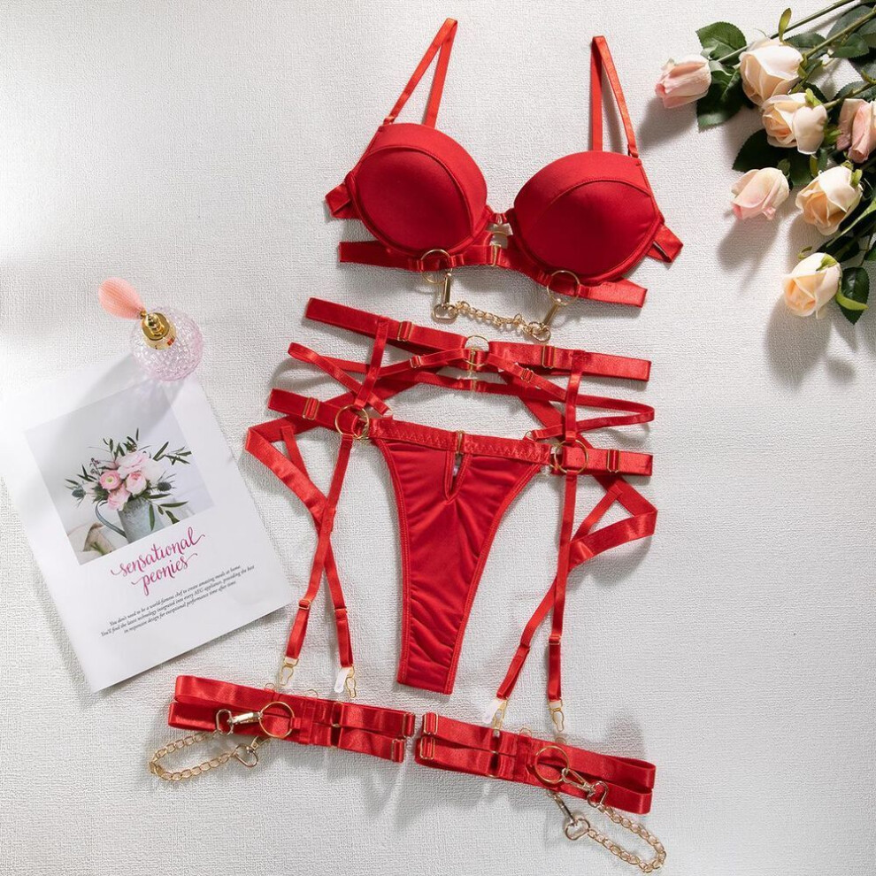 (L, red) Sexy Fashion Metal Chain Locomotive Accessories Solid Color Four-piece Set Front Buckle Sexy Underwear Set