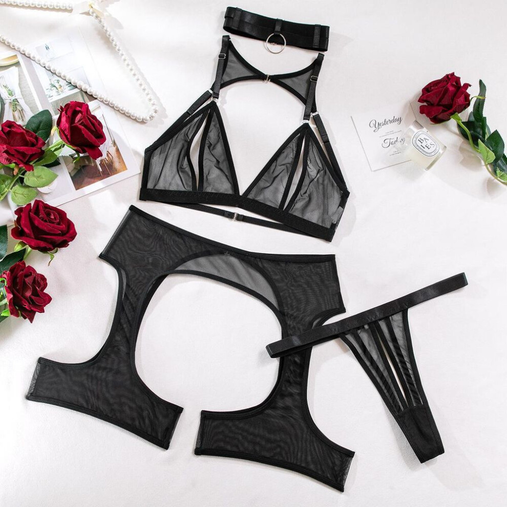 (M, black) Sexy Passion Seduction Comfortable Mesh Open Chest Milk Open Crotch Sex Underwear Four-piece Pajamas With Neck Ring