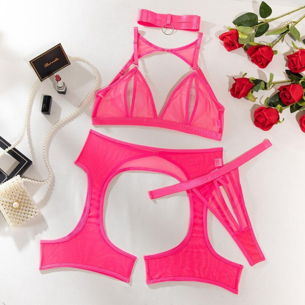(L, rose red) Sexy Passion Seduction Comfortable Mesh Open Chest Milk Open Crotch Sex Underwear Four-piece Pajamas With Neck Ring