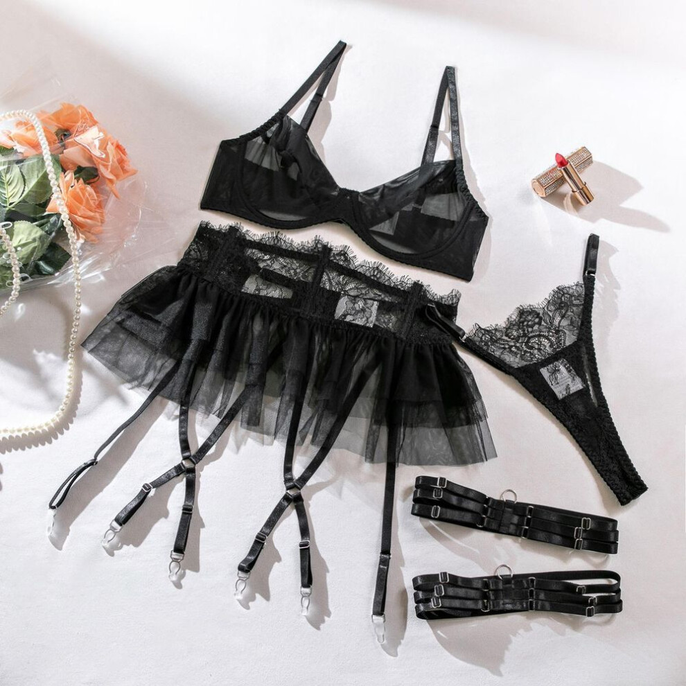 (M, black) Sexy Explosive Female Tutu Skirt Waist Leggings Perspective Sex Underwear Four-piece Set