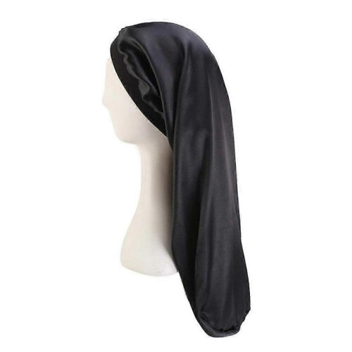 (Black) Long Satin Sleep Cap Long Hair Bonnet Loose Sleeping Cap 1