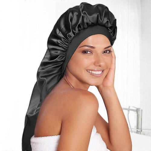 (Black) Long Satin Sleep Cap Long Hair Bonnet Loose Sleeping Cap 2