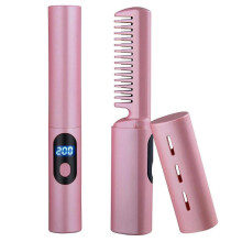 (Pink) 2 in 1 Wireless Mini Hair Straightener, Electric Curler Straightening Comb, Anti Scald Portable Hair Straightener for Travel
