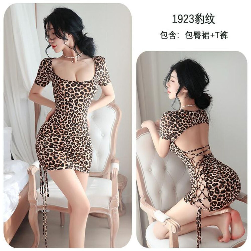 (leopard print, average size (80-62.5 kg)) Sexy lingerie sexy hollow slim fit hip wrap dress uniform temptation hot free women