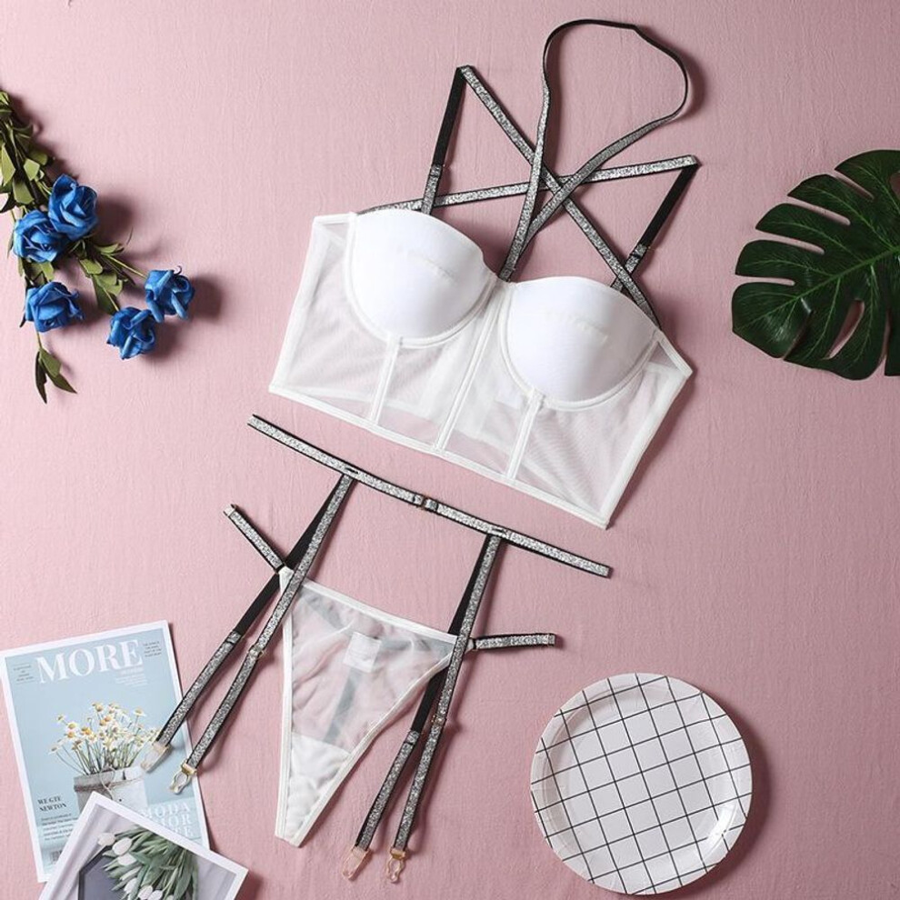 Silver silk shoulder strap cup gathering garter belt three-piece set sexy underwear set neck belt steel ring women