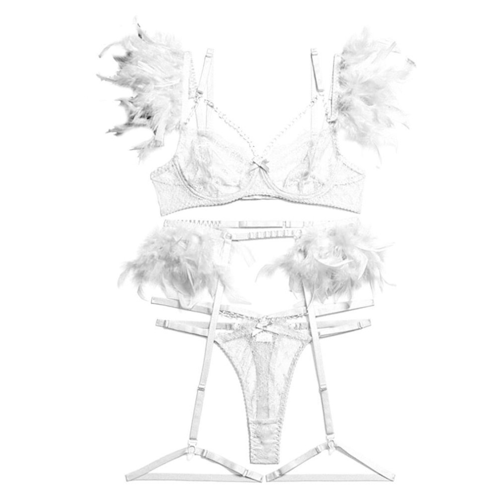 Lace Lingerie Set Feather Trim Chain Strappy 3/4 Cup Underwire Bra Panties With Garter Leg Loops