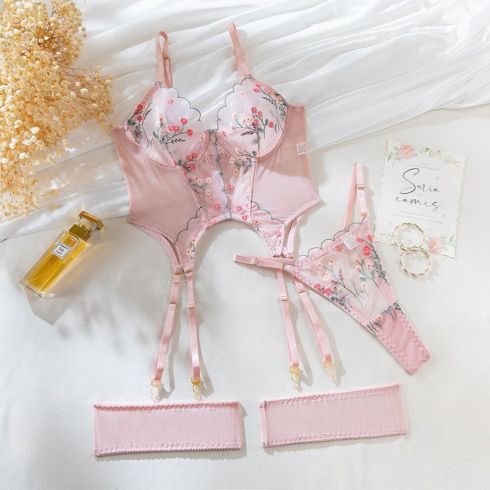 (M, pink) Fashion Sexy fishbone vest bra top removable garter belt transparent mesh embroidered small floral women's sex underwear