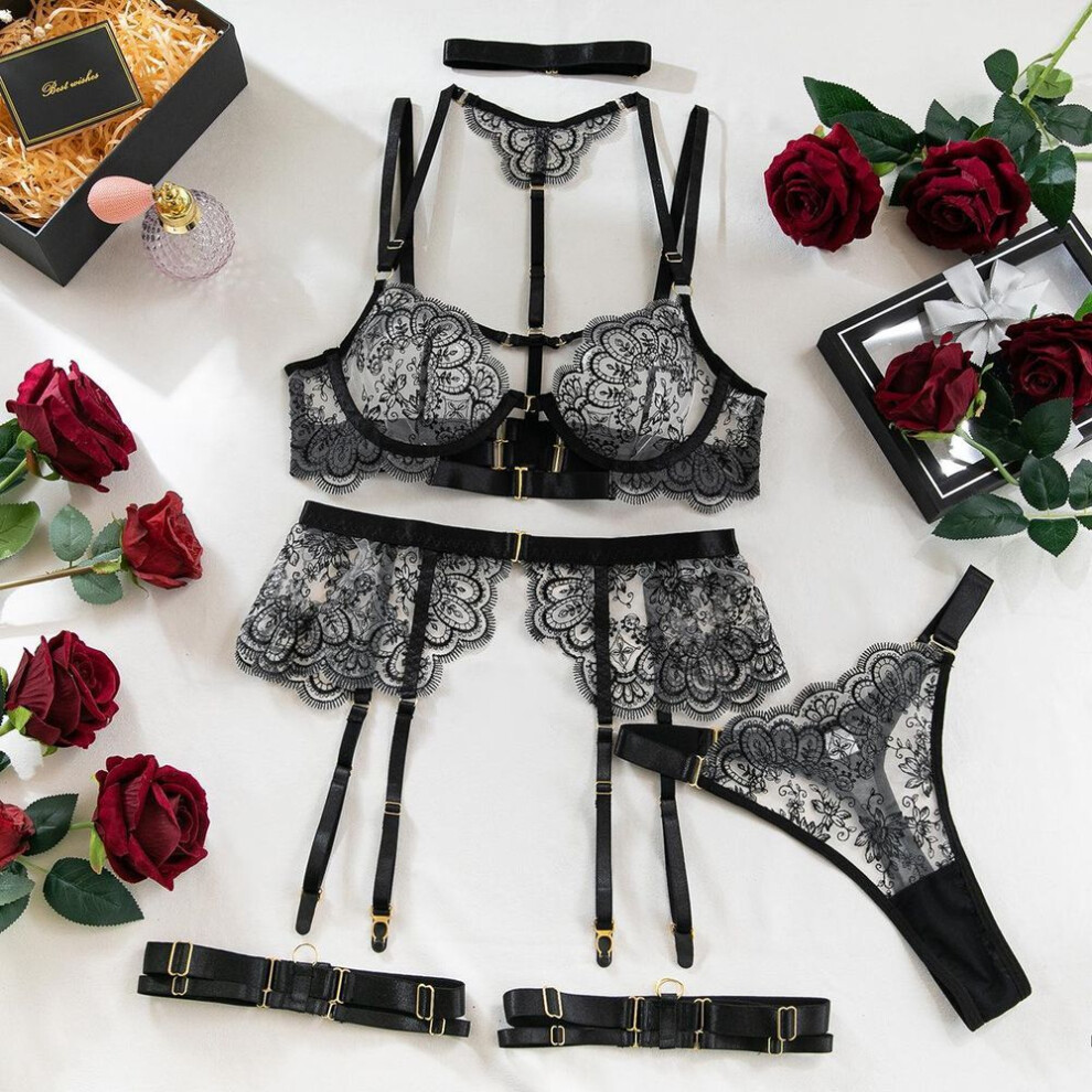 (M, as the picture) Fashion 2025 popular erotic underwear mesh embroidery eyelash lace sexy body sculpting temptation five-piece set