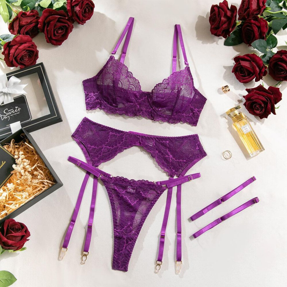 (S, purple) Female sexy purple perspective sex underwear lace lace hollow bra thong four-piece set