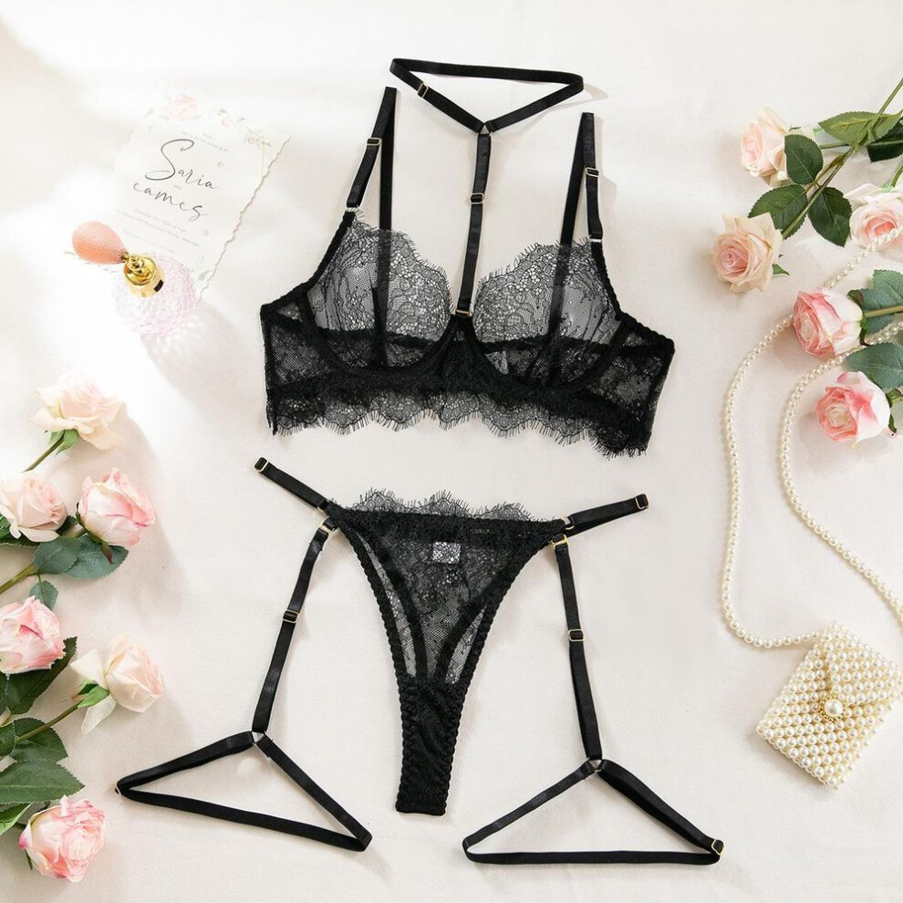 (S, black) Fashion Sexy Erotic Underwear Four-piece Set Hollow Lace Eyelashes Neck Underwear Removable Leg Rings