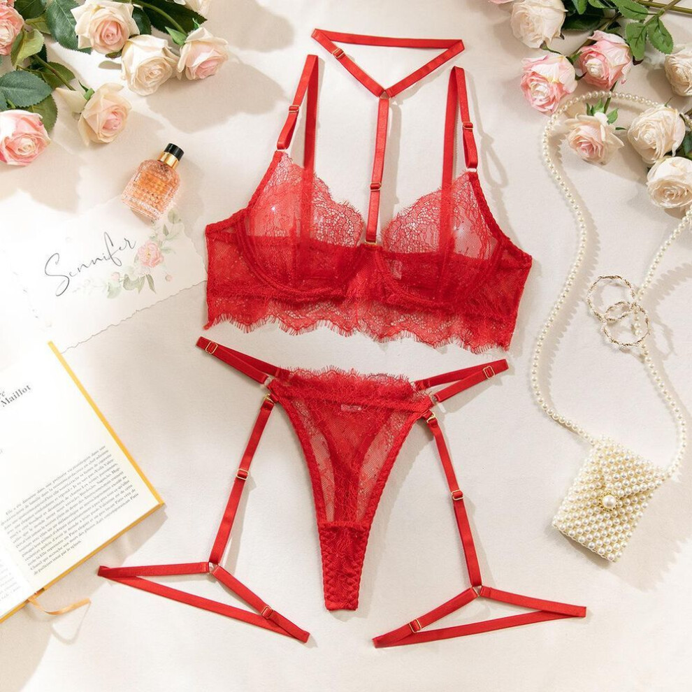 (S, red) Fashion Sex Underwear Four-piece Set Sexy Hollow Lace Eyelashes Neck Underwear Removable Leg Ring