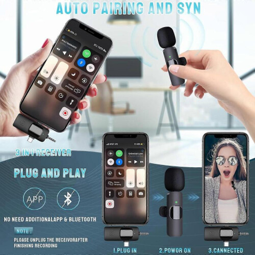 (A with 1 Microphone) 3 in 1 Wireless Lavalier Microphones for iPhone, Android, Camera, Pro Wireless Lavalier Mini Microphone, Plug-Play Wireless Mic 2