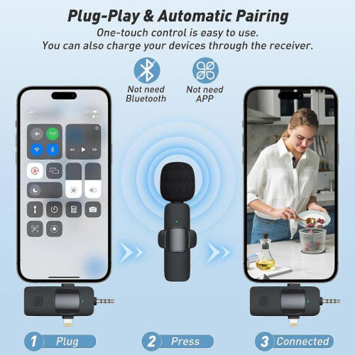 (A with 1 Microphone) 3 in 1 Wireless Lavalier Microphones for iPhone, Android, Camera, Pro Wireless Lavalier Mini Microphone, Plug-Play Wireless Mic 1