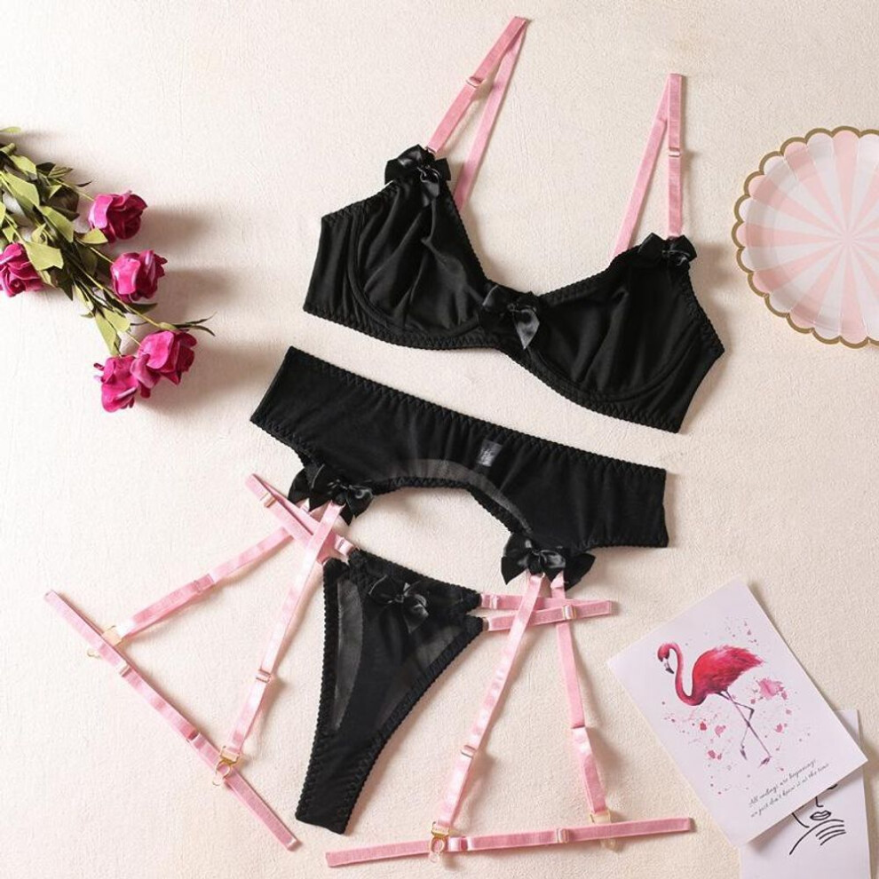 (L, black) Fashion 2025 Autumn And Winter New Color Matching Leg Ring Steel Ring Bra Thong Garter Belt Bow Sexy Underwear Three-piece Set