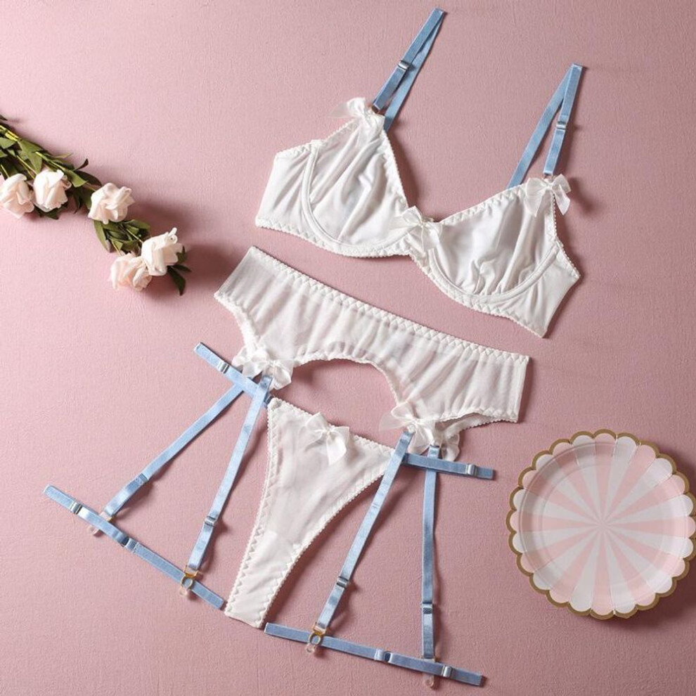 (L, as the picture) Fashion 2025 autumn and winter new color matching leg ring steel ring bra thong garter belt bow sexy underwear three-piece set