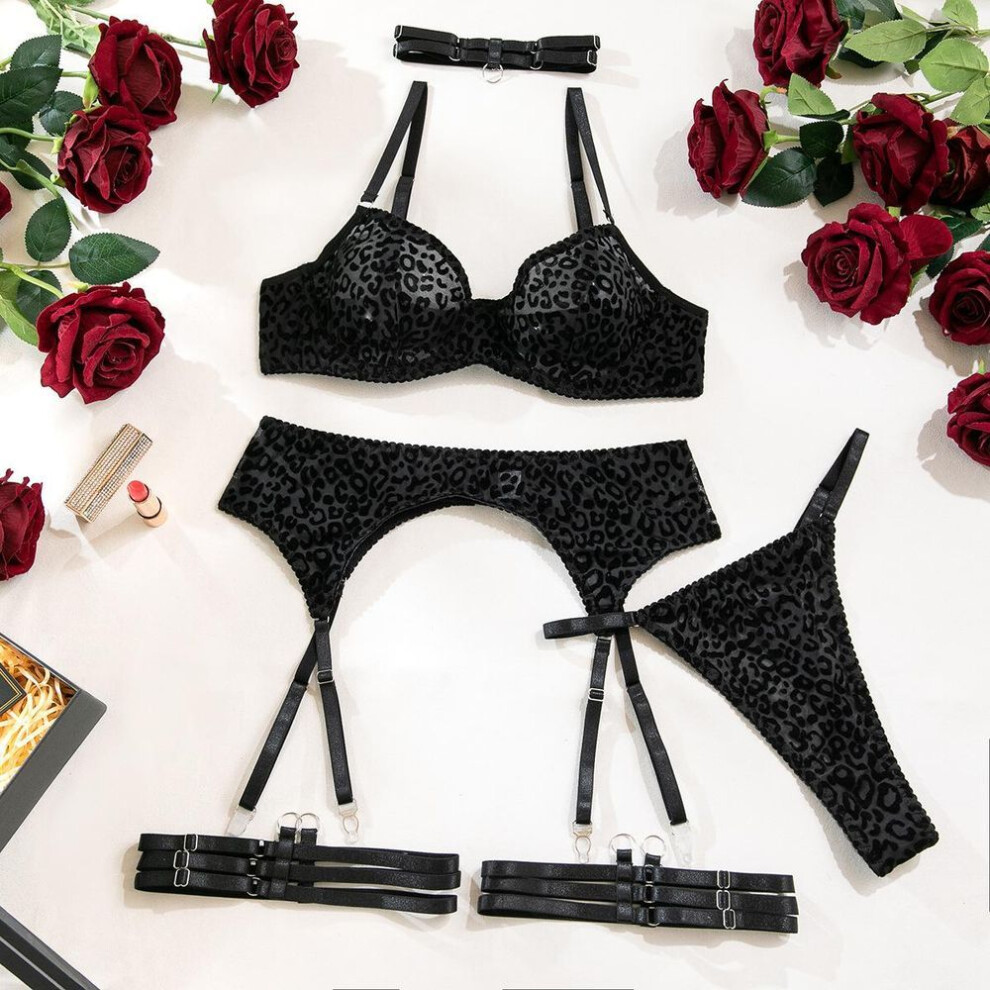 (L, black) Fashion Sexy Black Leopard Print Flocked Transparent Women's Sex Underwear Steel Ring Gathering Big Chest Small Five-piece Set With Leg Ring