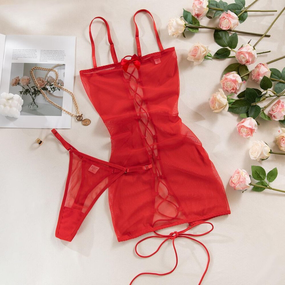 (red, XL) Fashion Sexy hip wrap bow sex dress straps cross hollow backless temptation sex underwear set