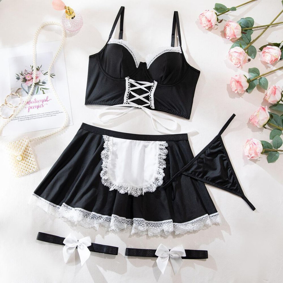 (black, M) Fashion Sexy Lingerie Sexy Maid Uniform Seduction Cosplay Free Maid Uniform Four-piece Set
