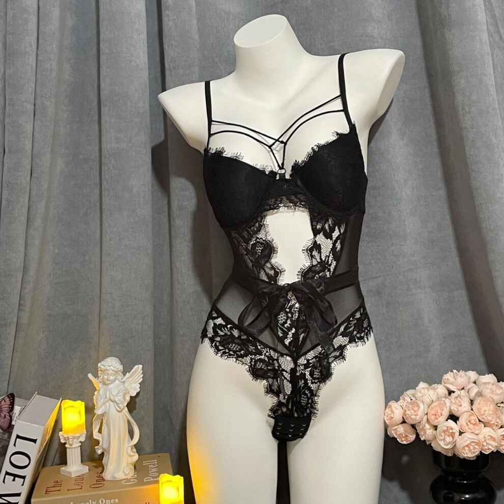 (black, one size fits all) Customized erotic onesie women free to wear French temptation sexy transparent lace