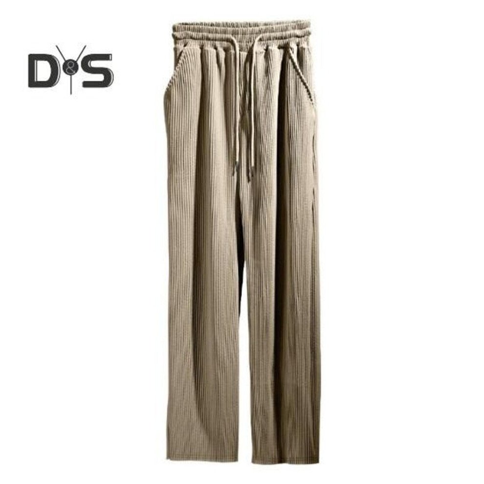 (khaki, S) Men's Casual Wide-Leg Trousers Drawstring Waist Sweatpants with Side Pockets Straight Striped Loose Fit Trousers for Travel Outdoor Sports