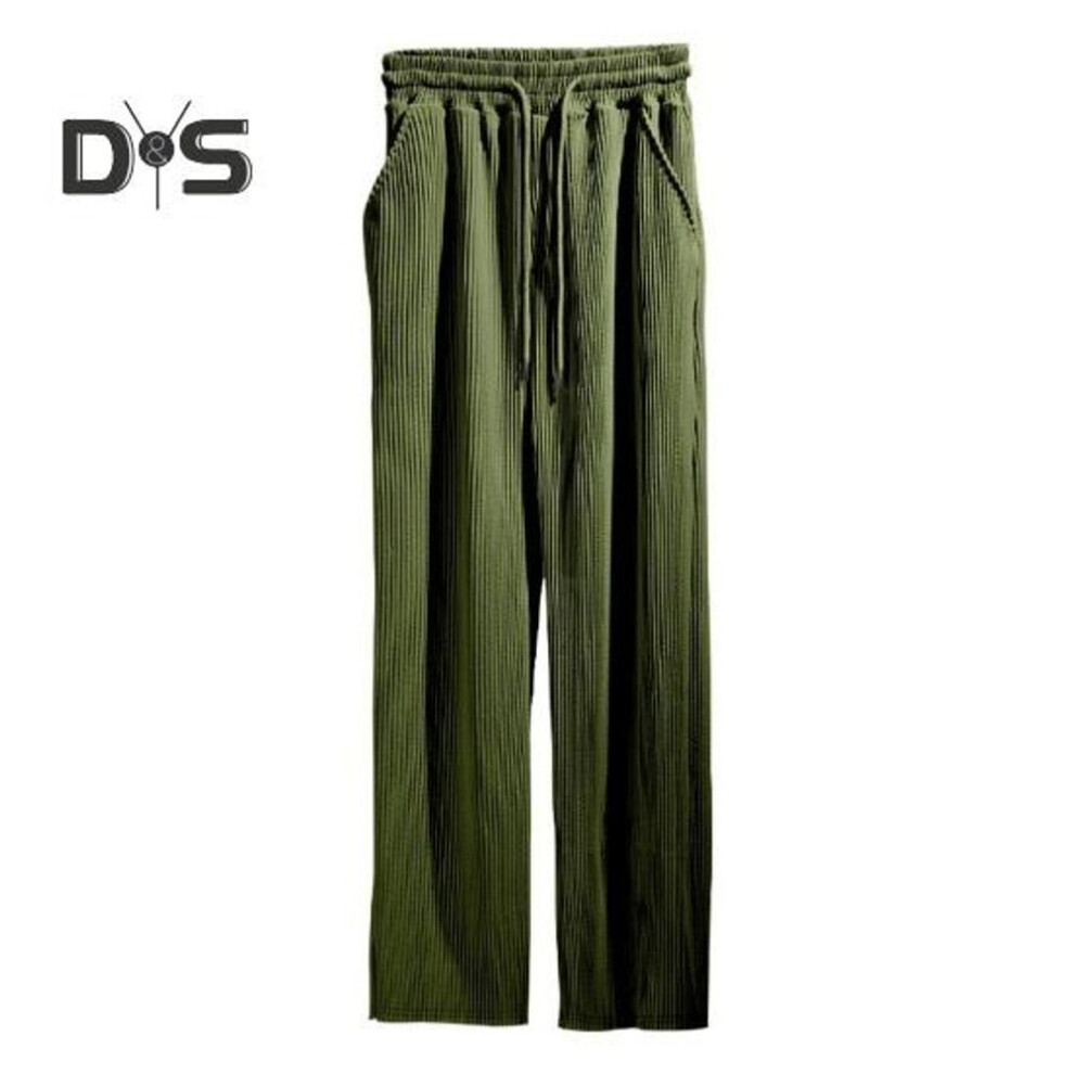 (army green, M) Men's Casual Wide-Leg Trousers Drawstring Waist Sweatpants with Side Pockets Straight Striped Loose Fit Trousers for Travel Outdoor Sports