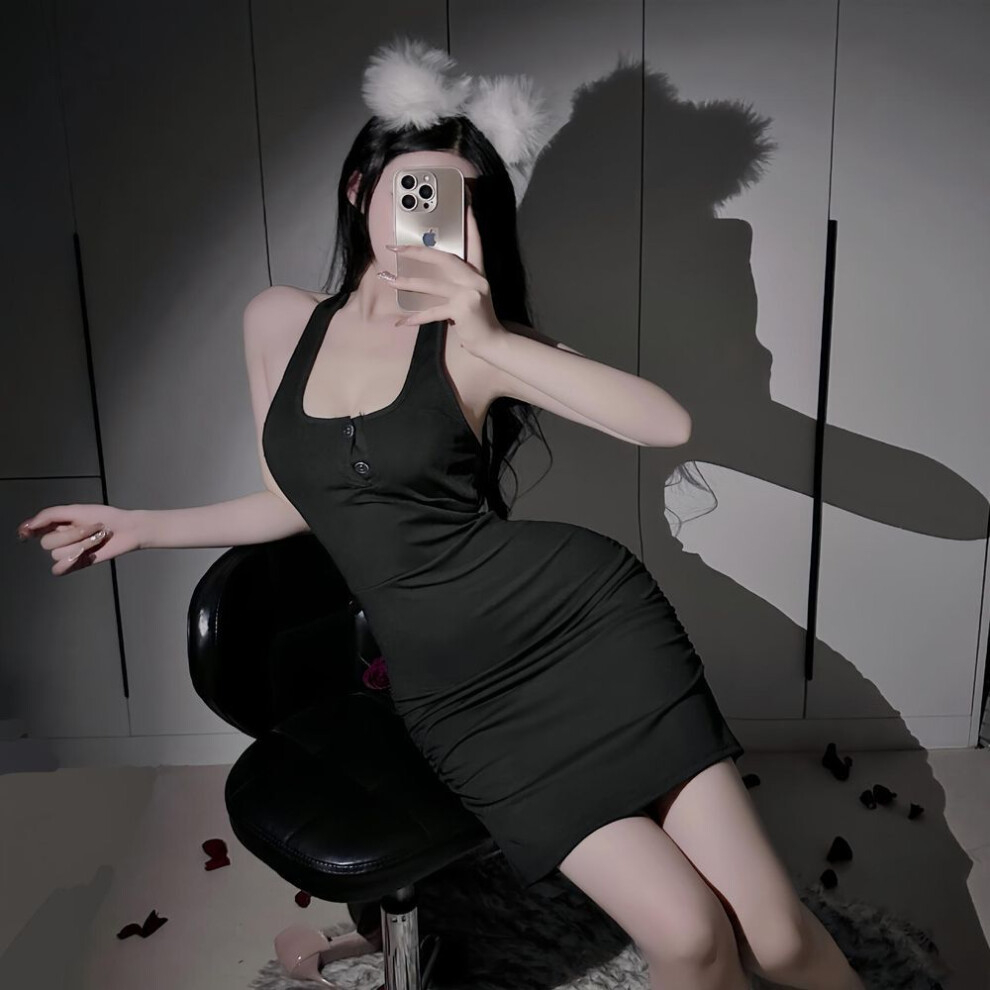 (black, one size fits all) Sex clothes sexy pure desire neck pajamas hip wrap hot slim dress sleeping milk dress women