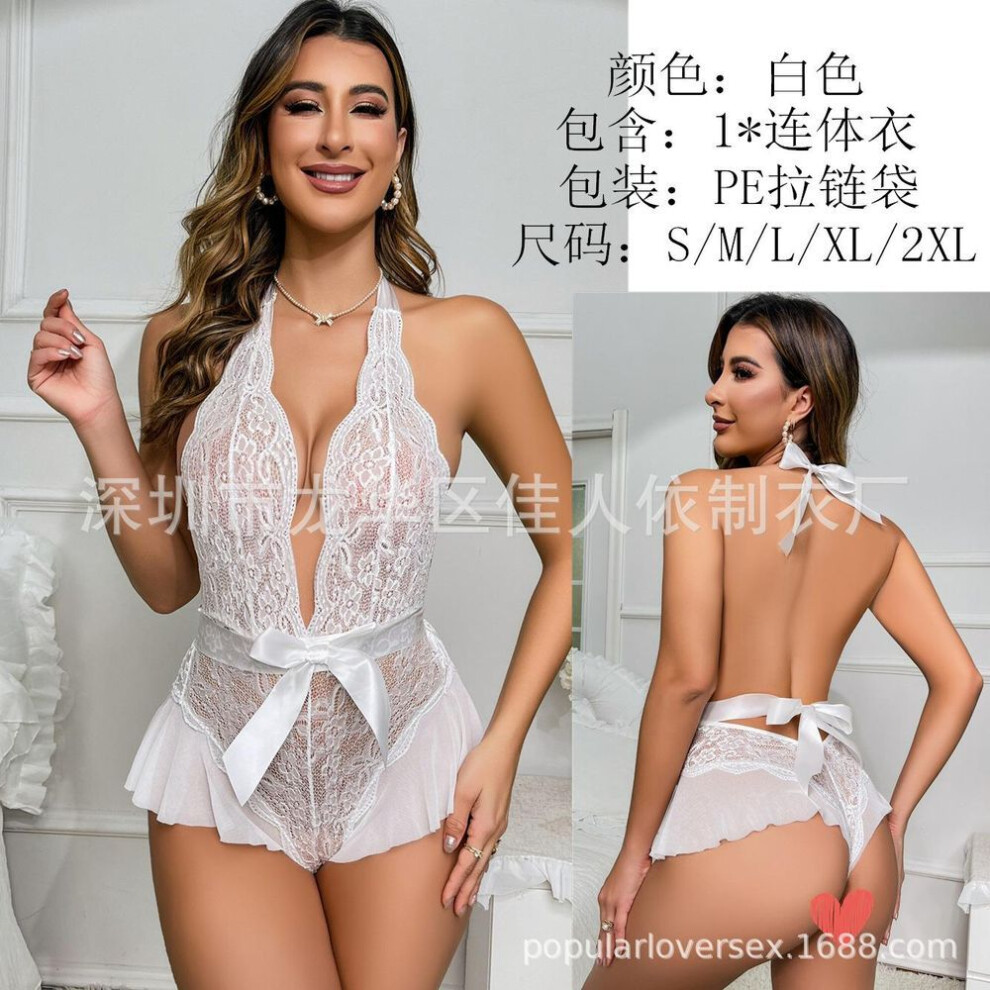 (white, 3XL) Summer new women's clothing street shot fashion backless neck tights bow onesie women