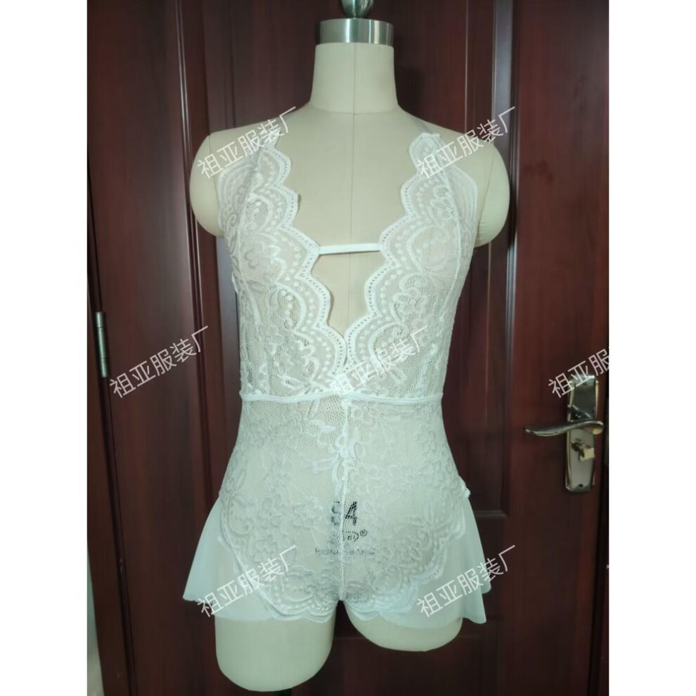 (white, M) Sexy Lace Open Onesie Tight See-through Bottom Pendulum Mesh Sex Underwear Large Size
