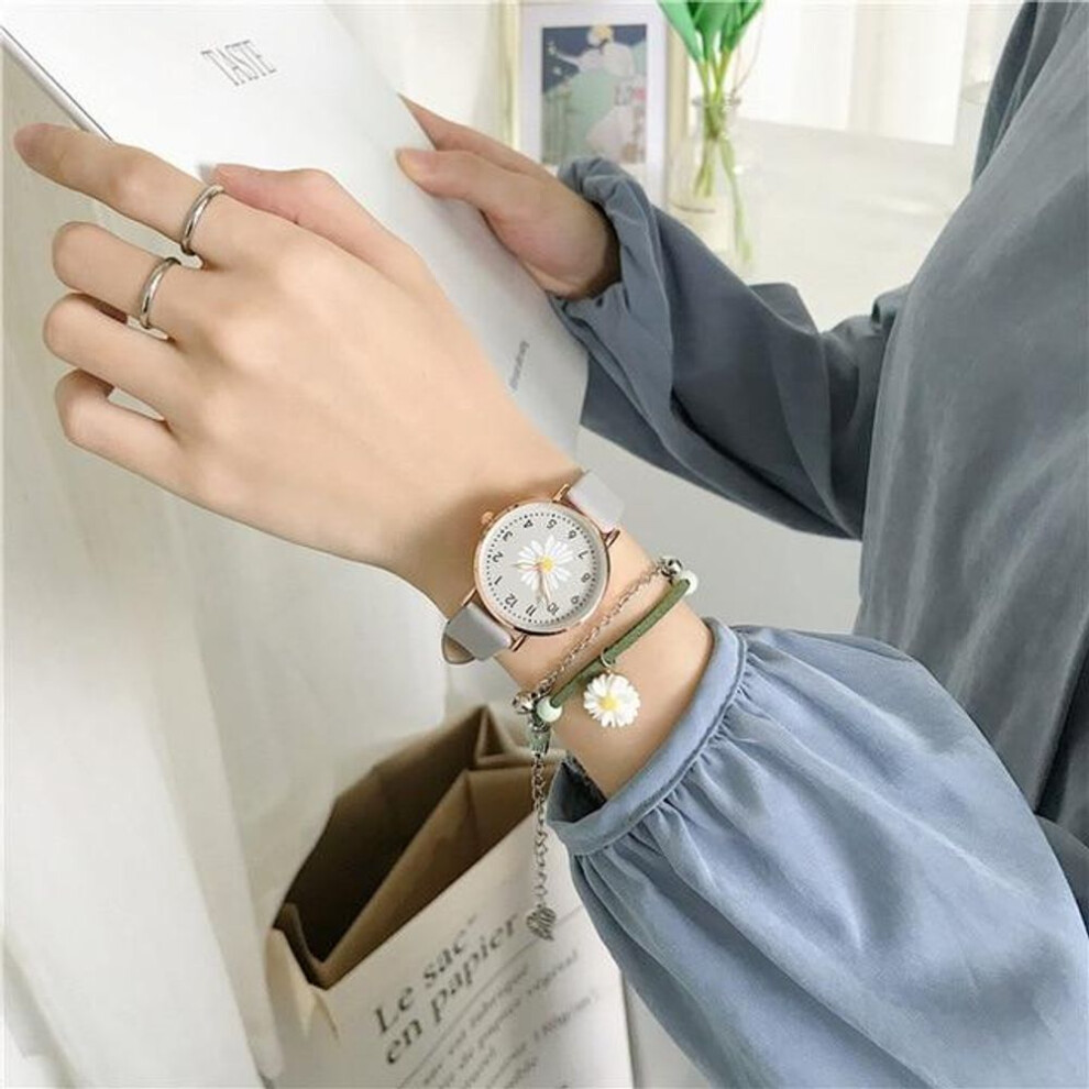 (grey, Only watch) Fresh Daisy Dial Design Ladies Wristwatches Fashion Casual Women Flower Watches Simple Number Woman Leather Quartz Watch