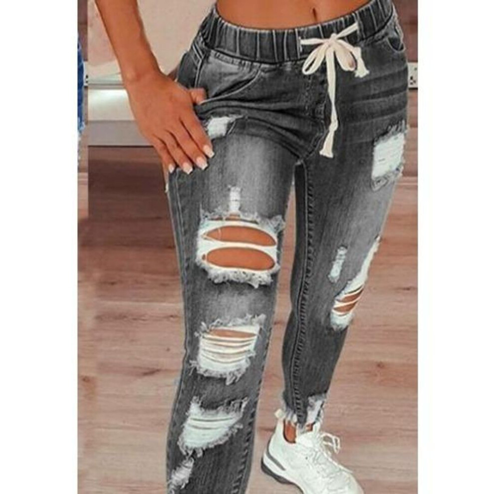 (gray, S) Gmxia Women's Elasticized Waist Jeans With High Waist And Small Feet Lace-up Pants