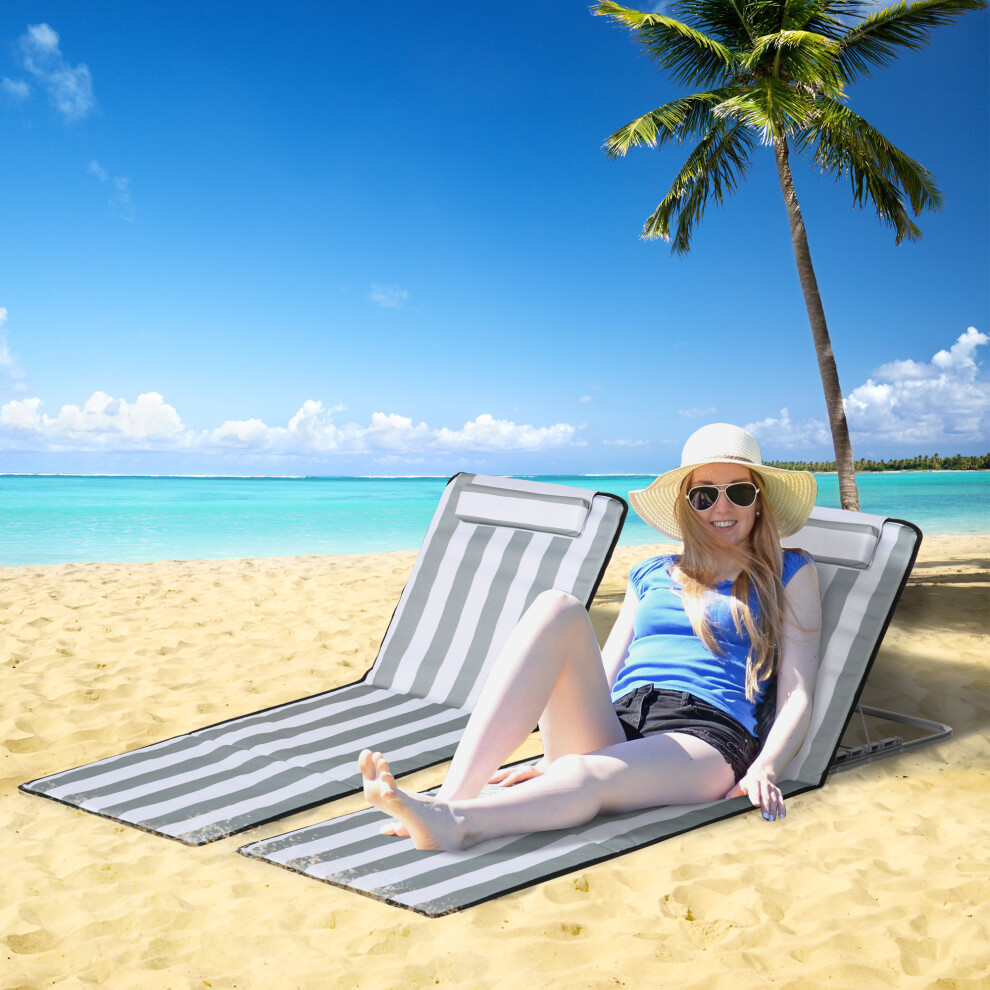 Outsunny 2 Pieces Outdoor Beach Mat Steel Reclining Chair Set W/ Pillow Grey