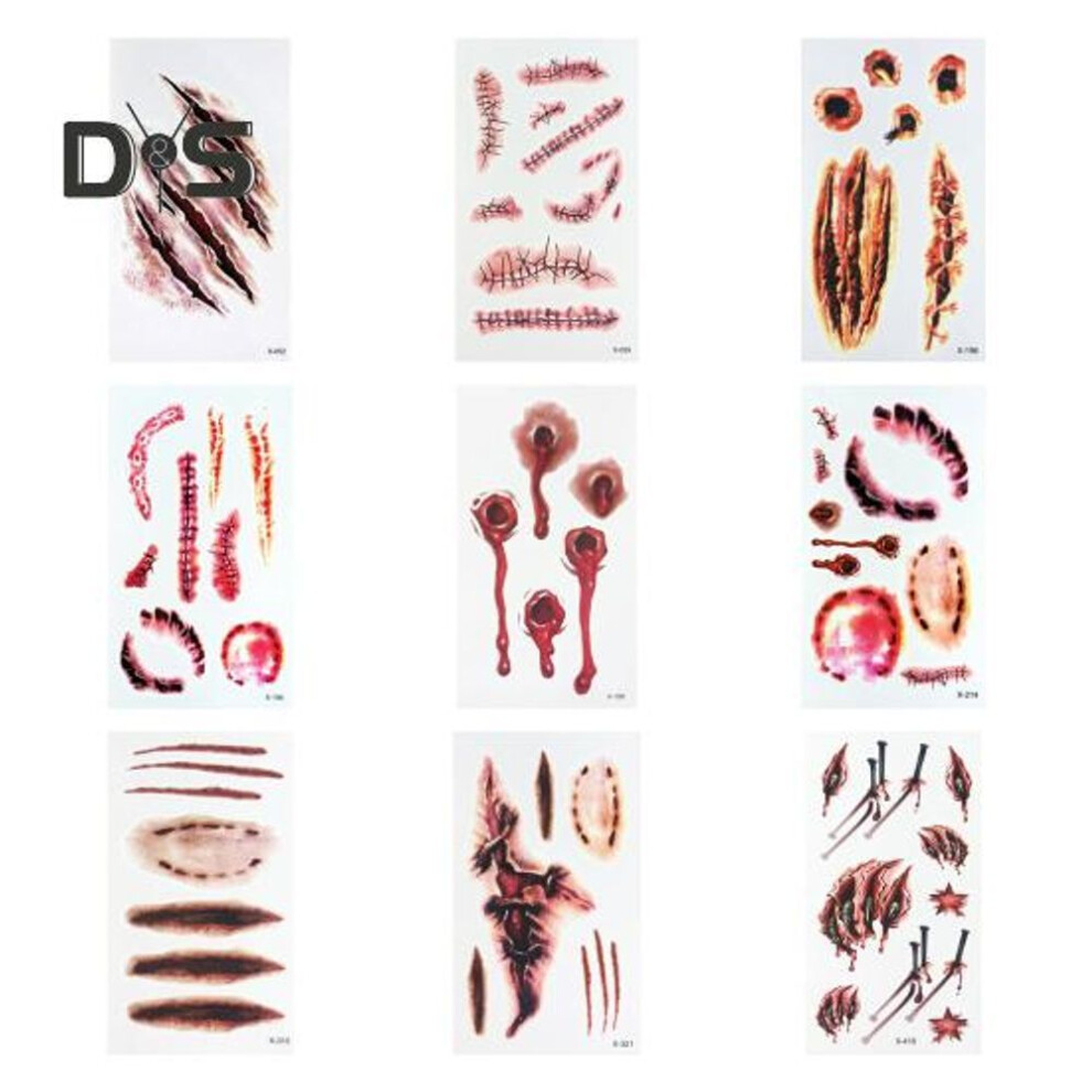 9Pcs Halloween Scar Tattoo Stickers Realistic Fake Wound Stitch Scab Waterproof Temporary Zombie Makeup Props for Kids Adults Boys Girls