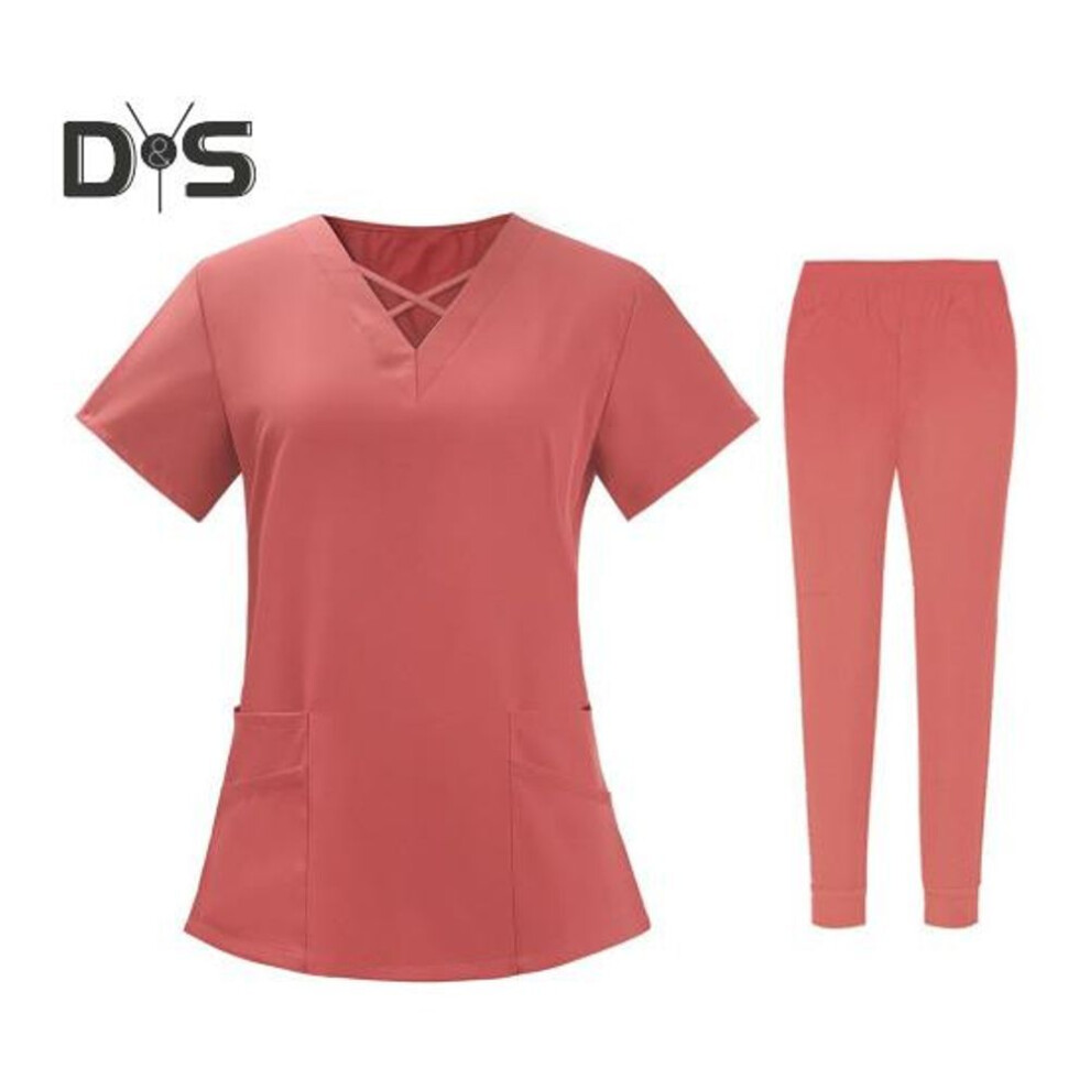(orange, M) 2pcs/set Unisex Hospital Uniform Set V-neck Short Sleeve Pockets Tops Elastic Waist Pants Set Quick Drying Hospital Dental Nursing Scrubs Uniforms