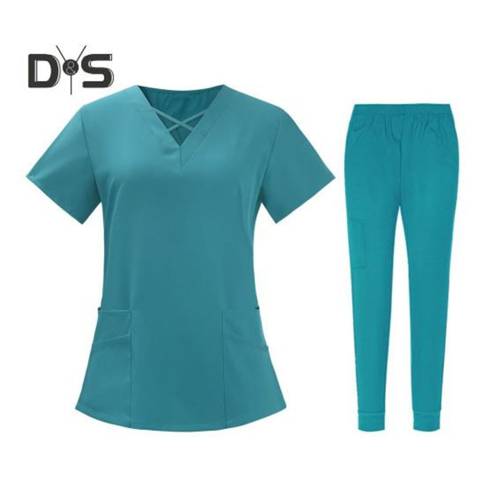 (royal blue, M) 2pcs/set Unisex Hospital Uniform Set V-neck Short Sleeve Pockets Tops Elastic Waist Pants Set Quick Drying Hospital Dental Nursing Scrubs Uniforms