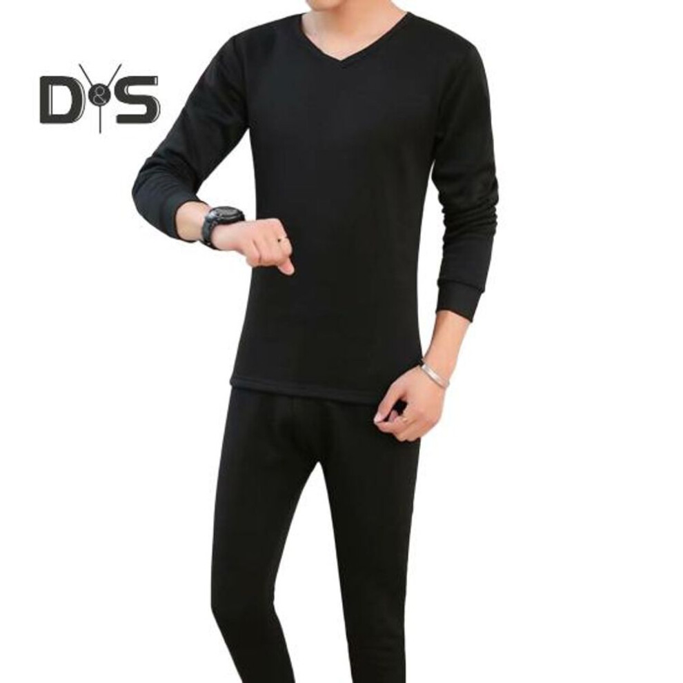 (black, L) 2 Pcs/Set Winter Men Thermal Underwear Set Round Neck Long Sleeve Warm Thick Plush Plus Size Slim Fit Elastic Open Crotch Men Pajamas Set Homewear
