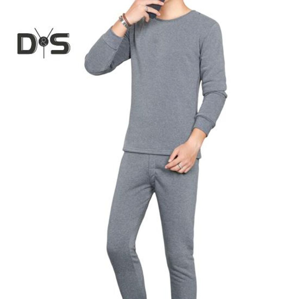 (dark gray, L) 2 Pcs/Set Winter Men Thermal Underwear Set Round Neck Long Sleeve Warm Thick Plush Plus Size Slim Fit Elastic Open Crotch Men Pajamas Set Homewear