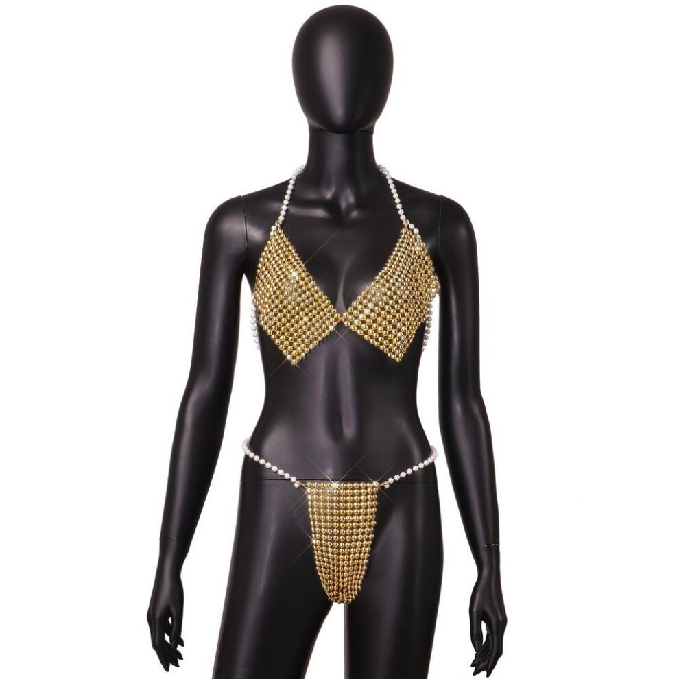 (one size fits all, gold) Women's Summer New Sexy Three-point Pearl Neck Set Women's Delivery