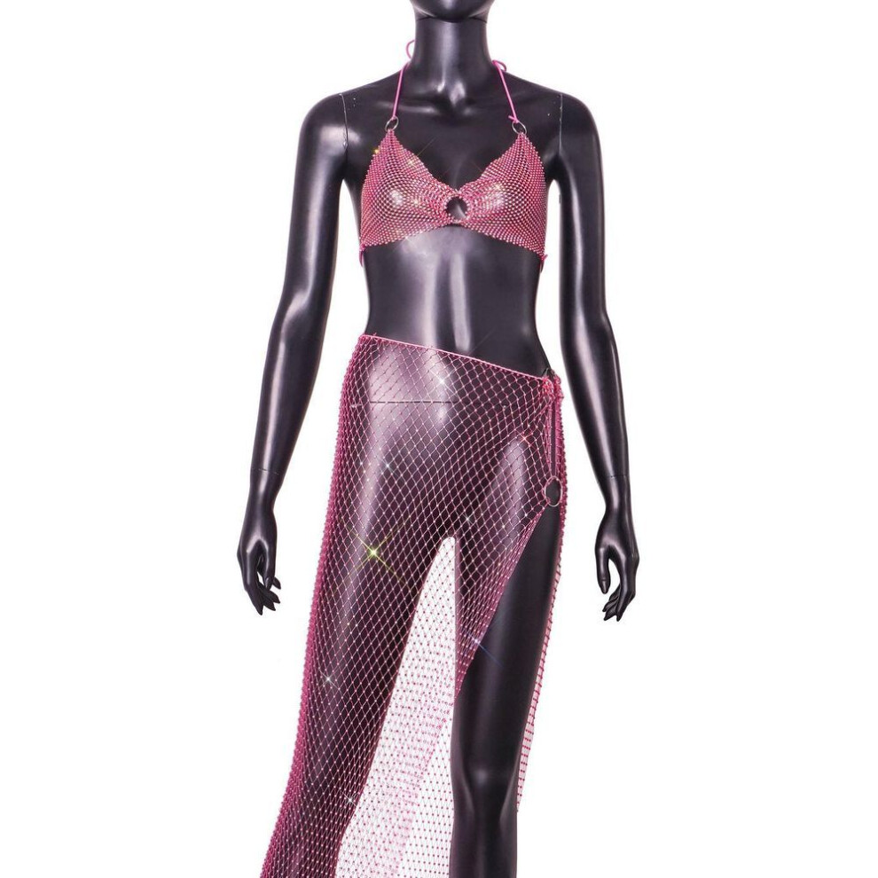 (rose red, L) New Sexy Fishing Net Diamond Neck Metal Chain Backless Women's Suit