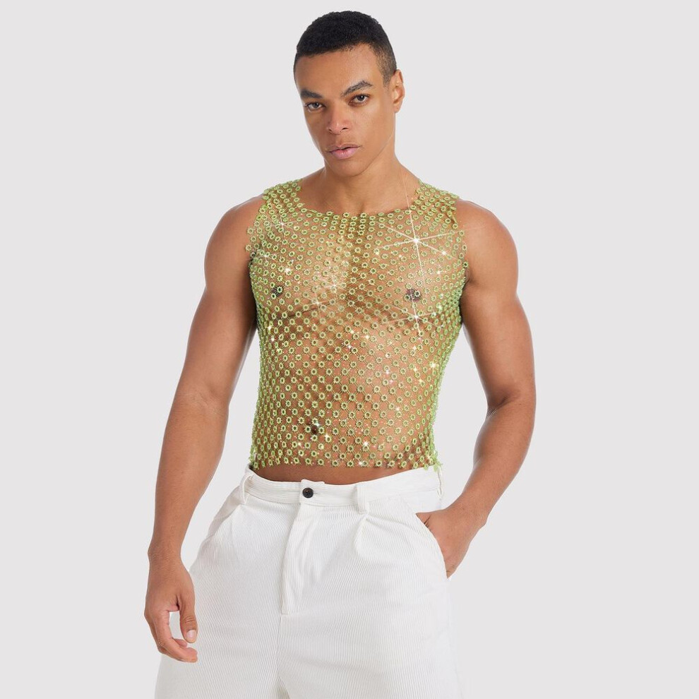 (Extra Large, green) European and American Men's Diamond Fishnet Vest – Sexy Hollow Design for Nightclub Parties