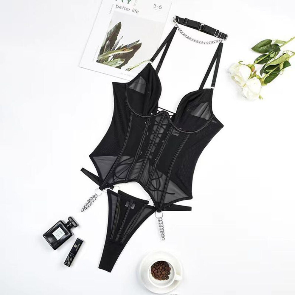 (S, black) 2023 Sexy Mesh Strap Lingerie Set: European & American Style, Women's Three-piece Shapewear