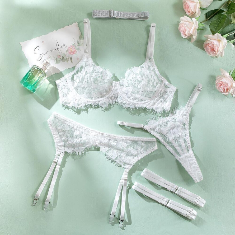 (Medium, white) Elegant Lace Five-Piece Lingerie Set with Neck See-Through Design - Valentine's Day Hot Sale
