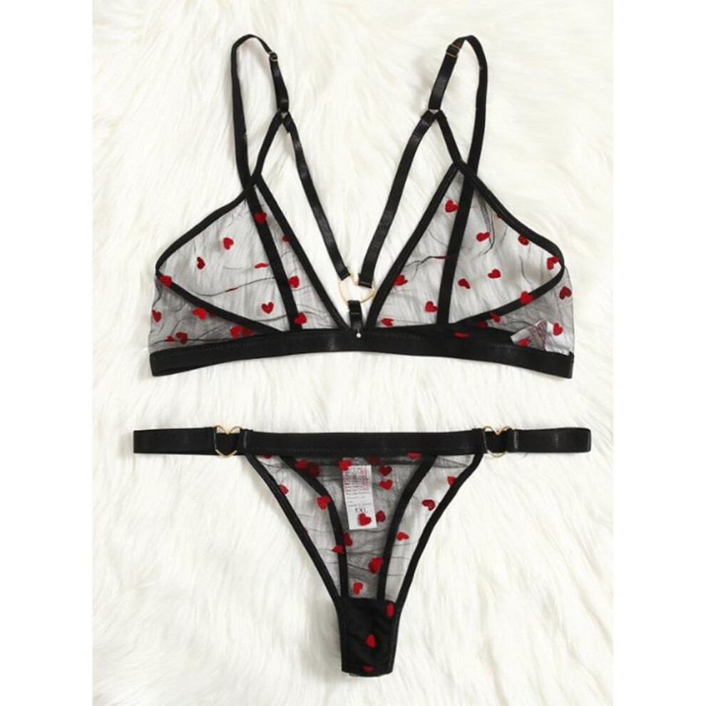 (1XL, black) Heart-shaped Sheer Mesh Lingerie Set: Ultra-thin, Sexy, Midnight Temptation, No Underwire, Three-point Design.