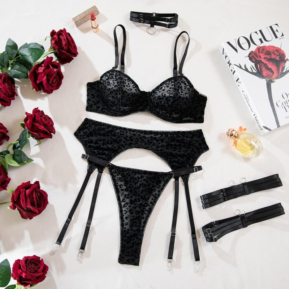 (L, black,leopard) "Leopard Print Flocking Fabric Mesh Underwear Set with Steel Ring and Transparent Black Suspenders