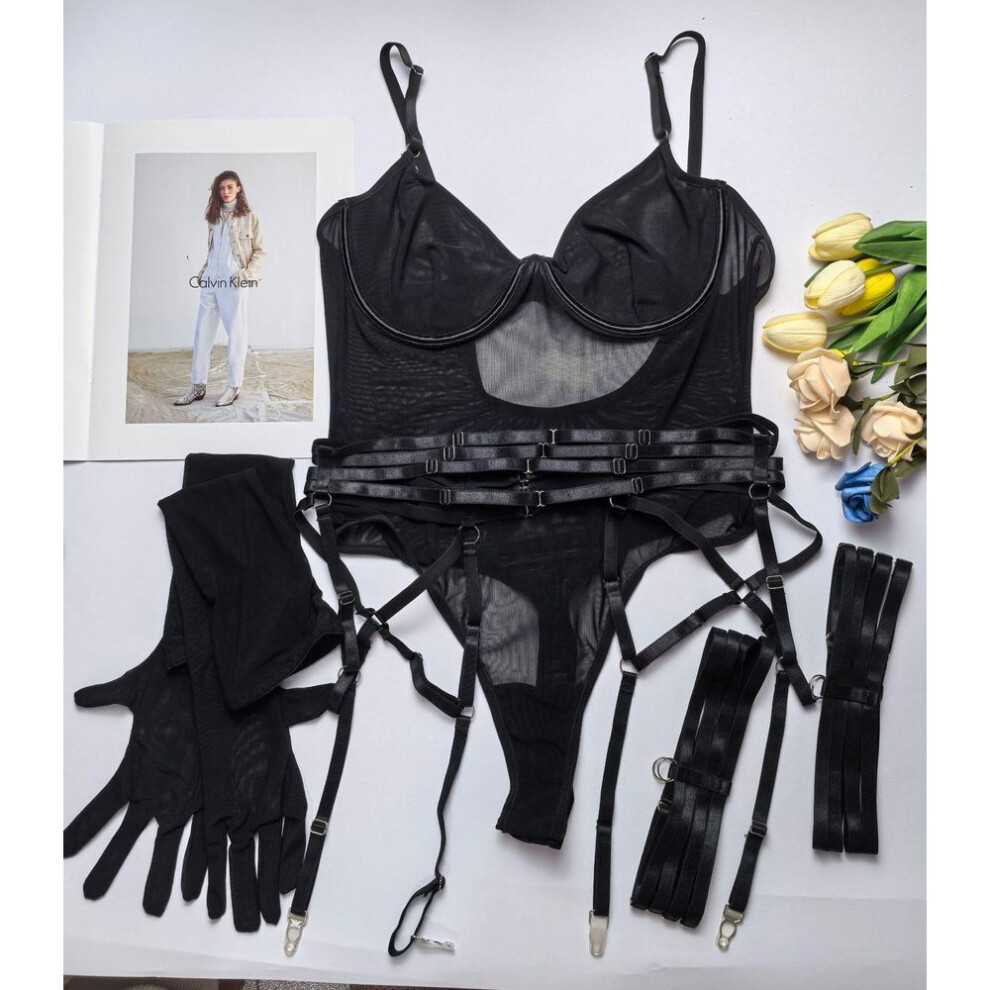 (Large, black) "European & American Sexy Mesh Lingerie Set: Strappy, Slim Fit, with Gloves – Hot Seller