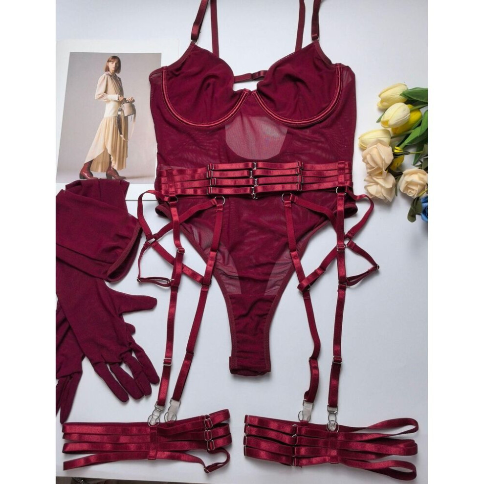 (Large, wine red) "European & American Sexy Mesh Lingerie Set: Strappy, Slim Fit, with Gloves – Hot Seller