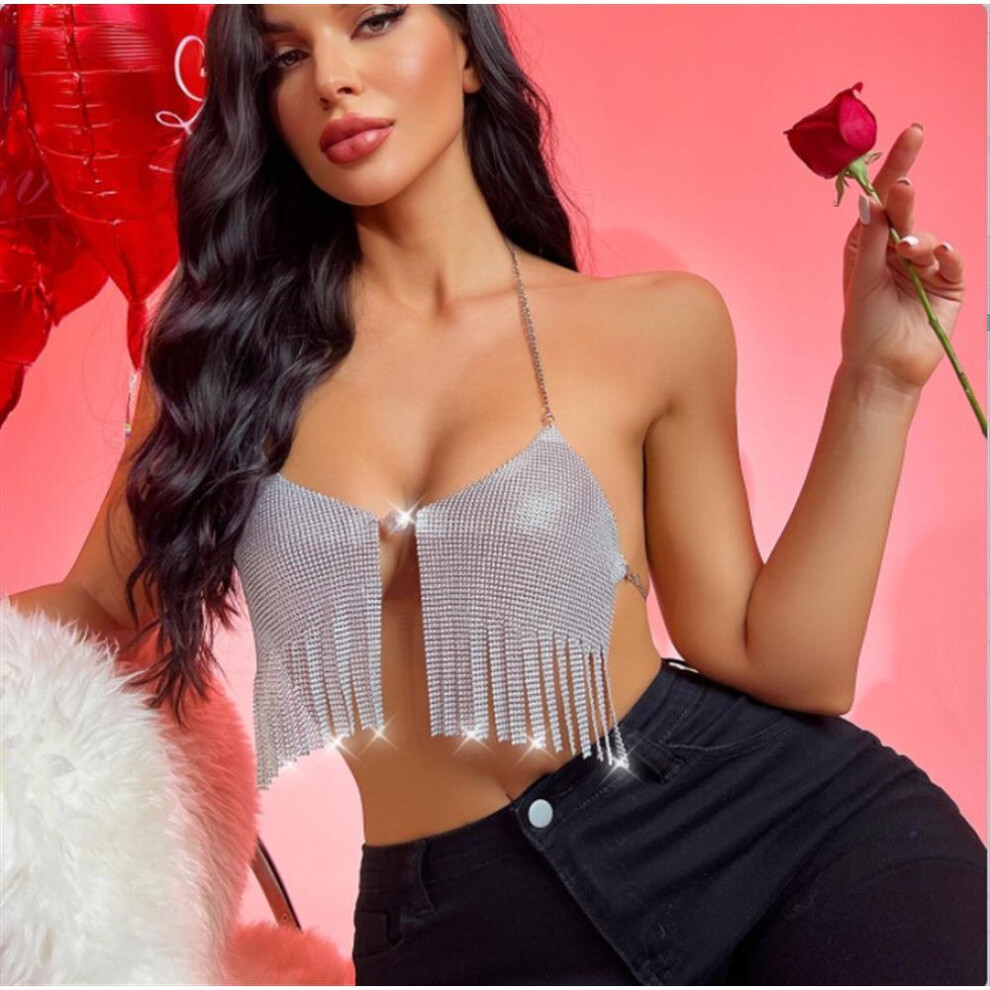 Fashion 2025 Women's Nightclub Back Split Metal Sheet Rhinestone Chain Sling Tube Top 21